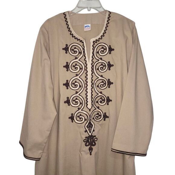 Khatab Egyptian Cotton Kaftan Dress XXL Tan with Brown Trim And Embroidery Boho - Picture 7 of 10
